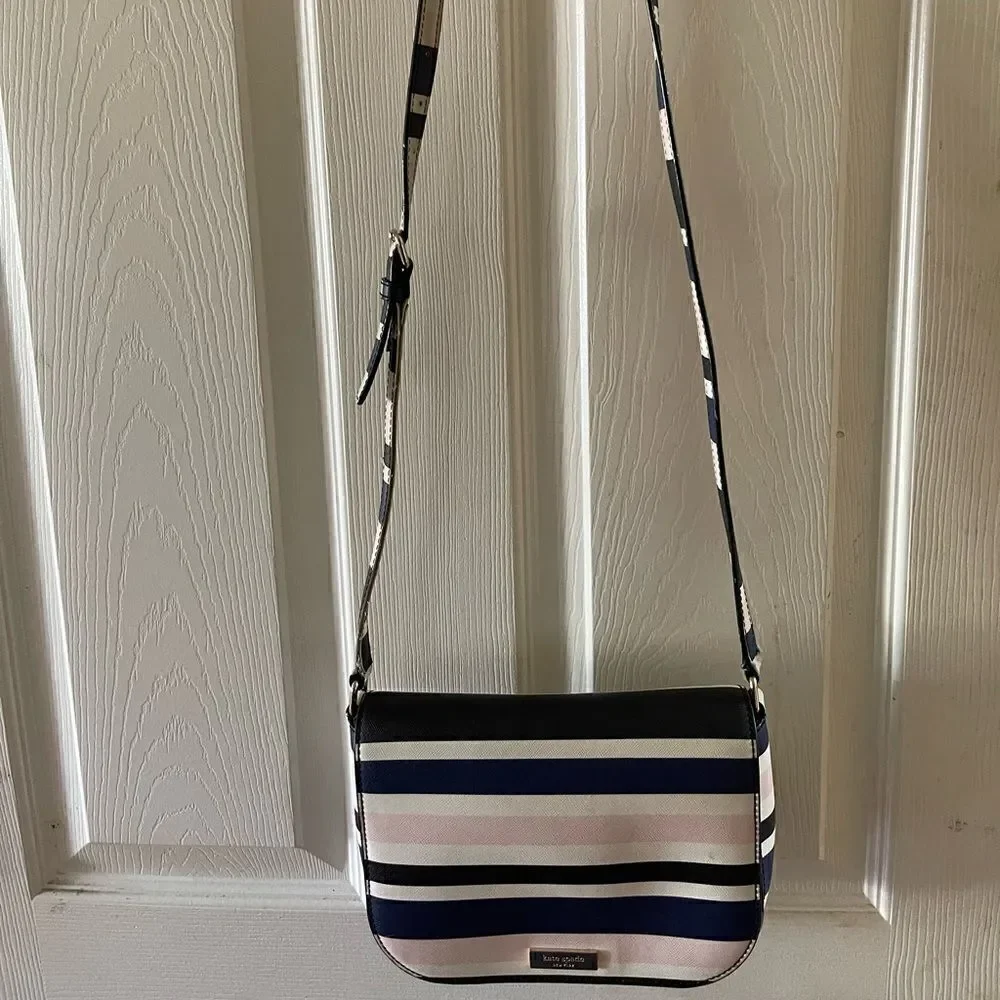 Kate Spade New York tricolor stripes Beige light pink & Navy blue cross body bag